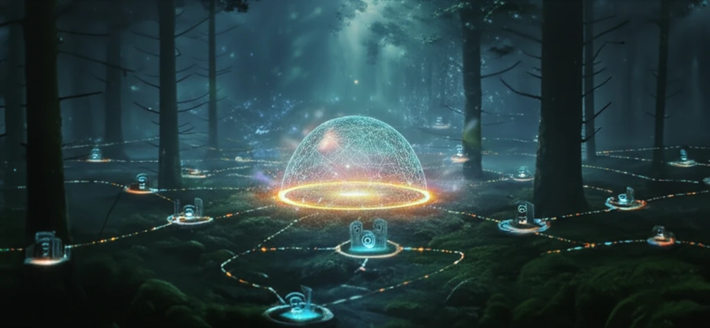 Wireless sensor network visualized as glowing nodes in a protected forest.