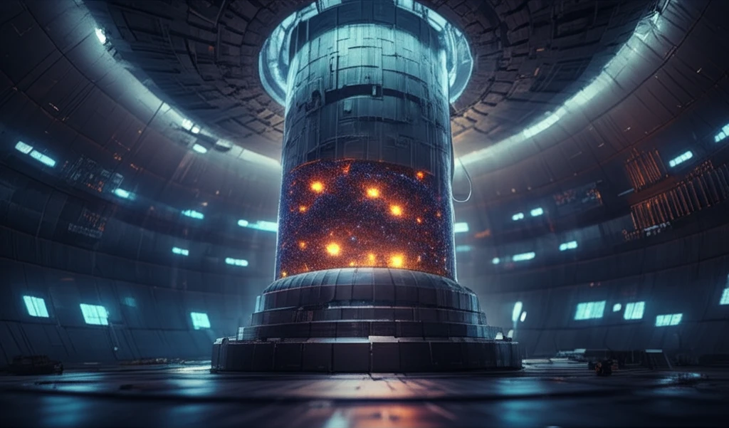 Microfuel pellets glowing inside a futuristic nuclear reactor core.
