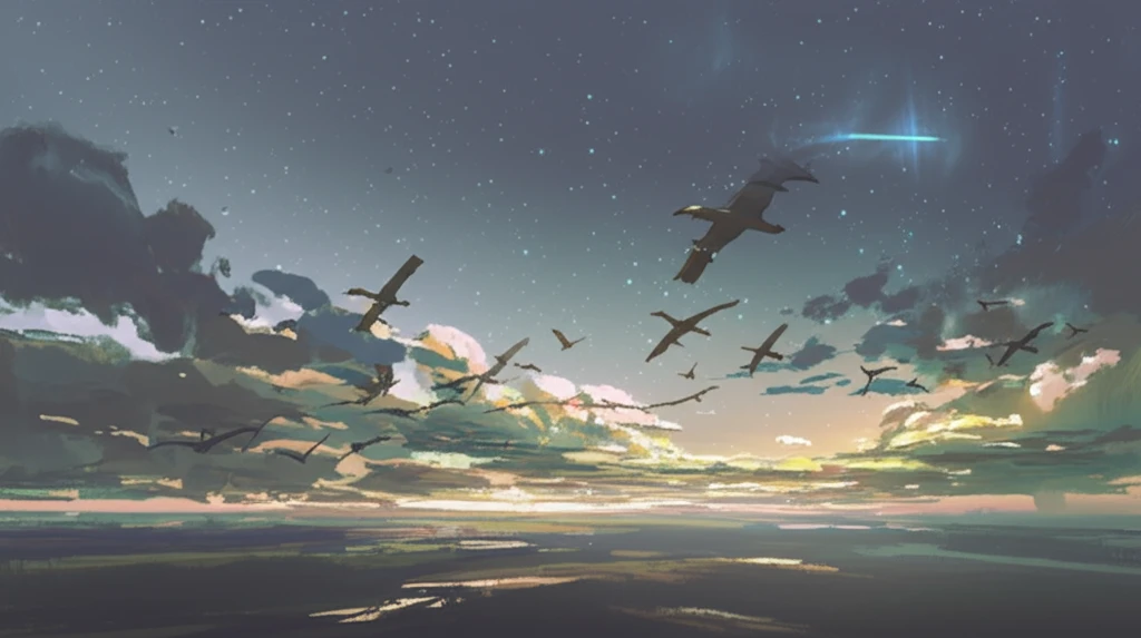 Migratory birds flying across an abstract landscape.