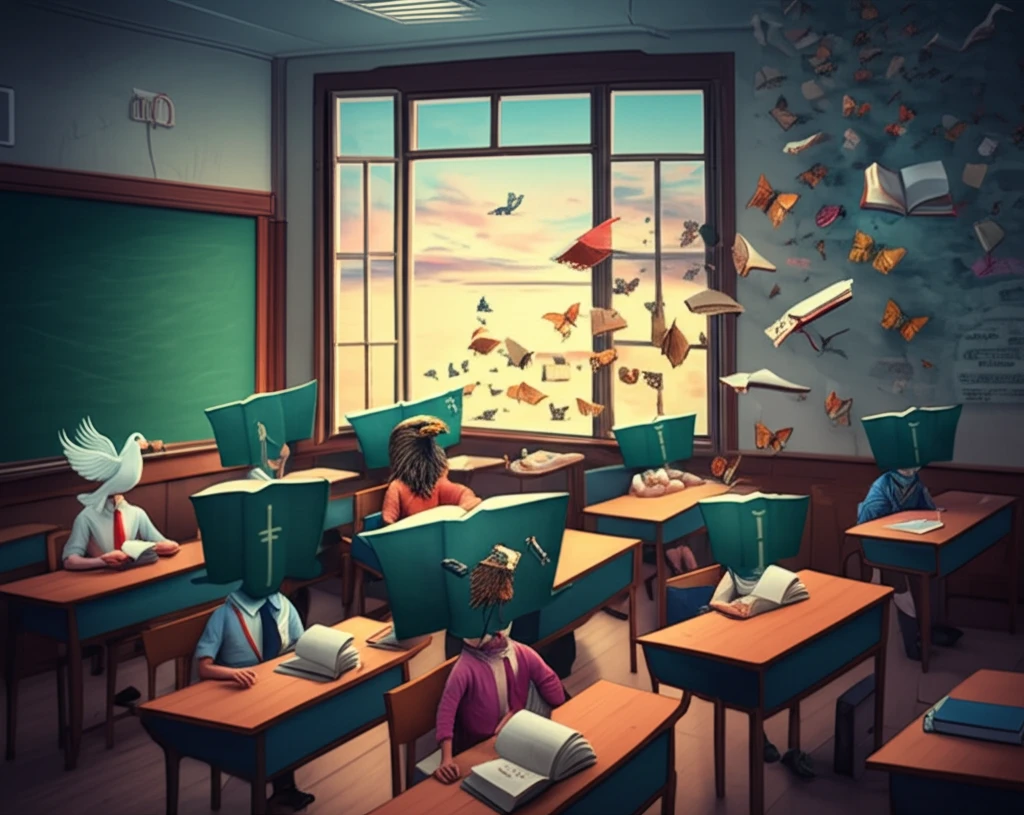 Classroom featuring students symbolized by different ideologies, books transforming into butterflies, representing the impact of diverse civic education.