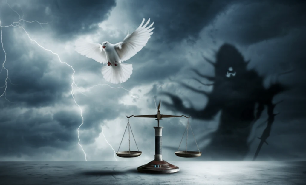 Scales of justice in a stormy sky, symbolizing the death penalty debate.