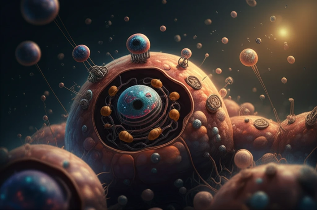Interconnected cellular powerhouses (peroxisomes) within a cell.