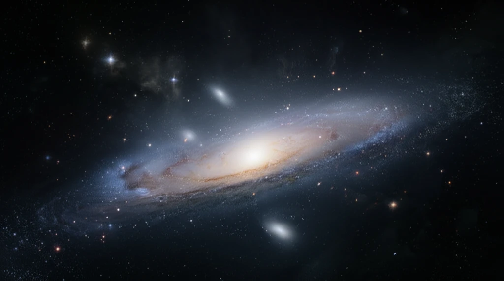 Light bending around galaxy showcasing space-time distortion.