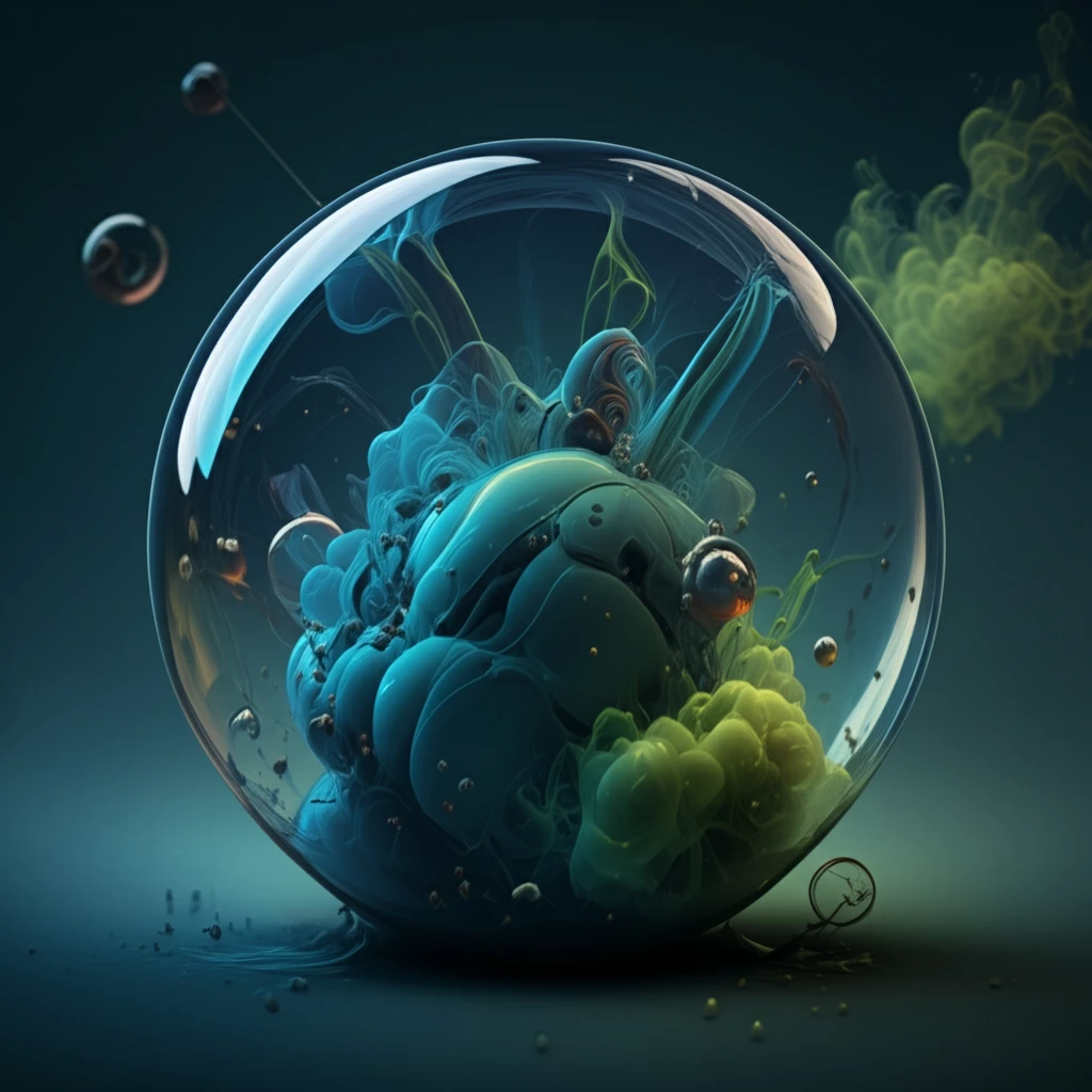 Surreal image of fluid dynamics with swirling blue liquid and green gas.