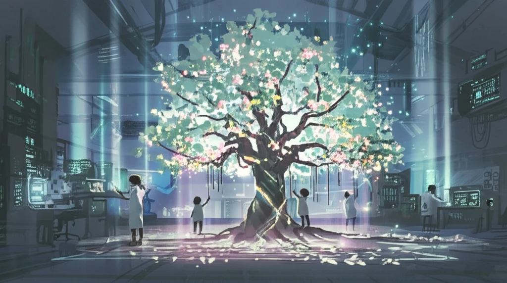 Illustration: Children playing near a tree of hope, symbolizing pediatric brain tumor research.