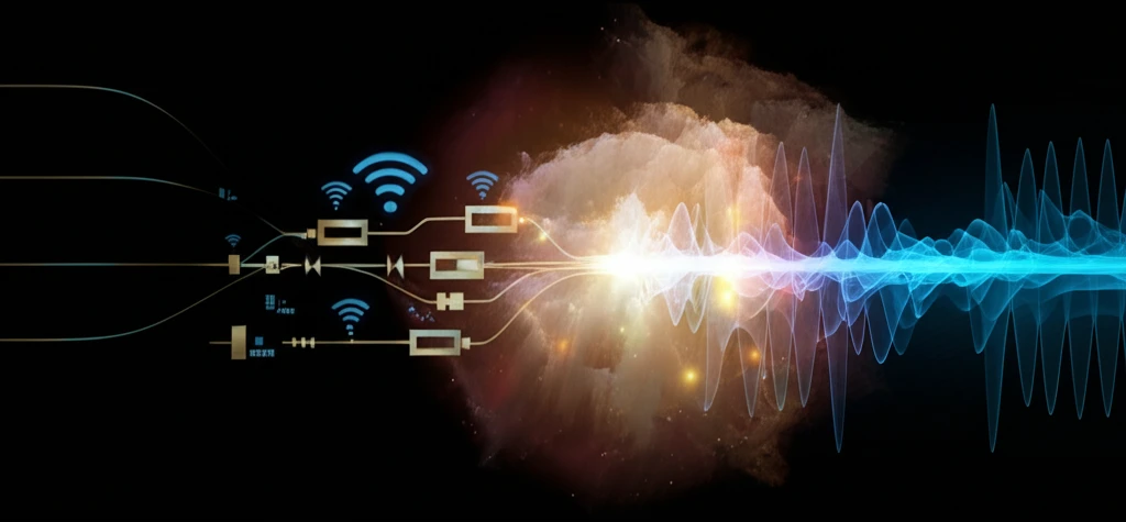 Abstract digital illustration of electrical signals flowing through a transmission line with vibrant colors, symbolizing wireless communication innovation.