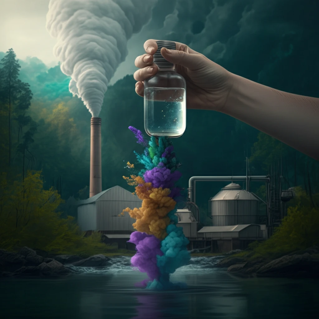 Clear water vial with dyes separating, paper mill blending into a green forest.