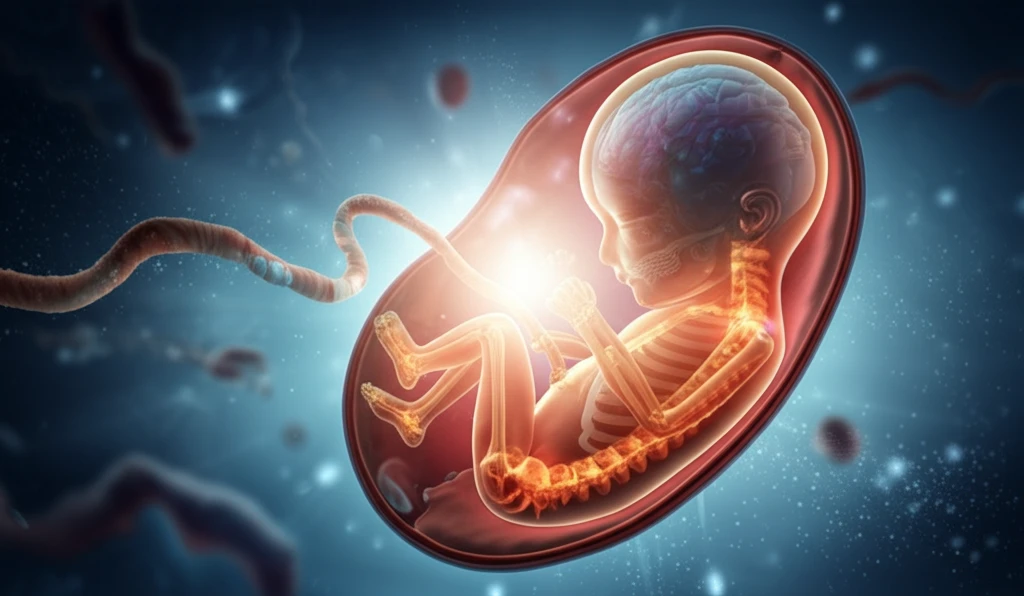 Glowing skeletal system of fetus inside womb.