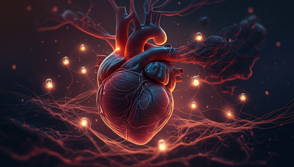 Surreal illustration of glowing cells monitored by floating oxygen sensors in a stylized heart.