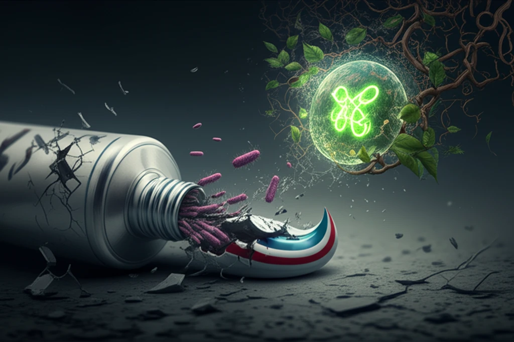 Surreal illustration of toothpaste spreading antibiotic resistance.