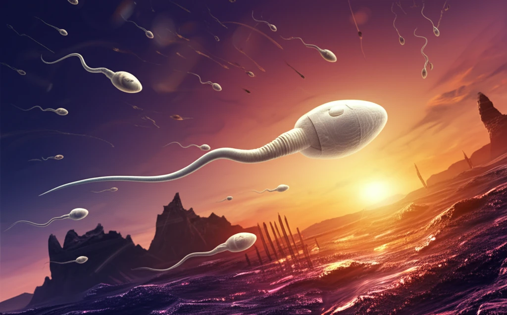 Stylized sperm cell swimming through a vibrant, abstract landscape symbolizing fertility and health.