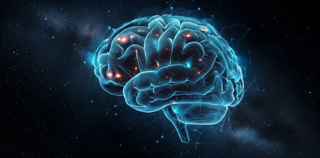 Surreal illustration of ANGPTL3 protein structures intertwined within a human brain.