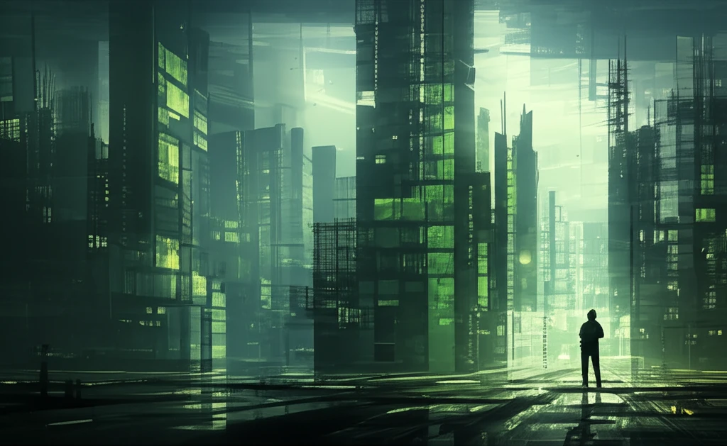 Futuristic city built with glowing green concrete, symbolizing sustainable construction.