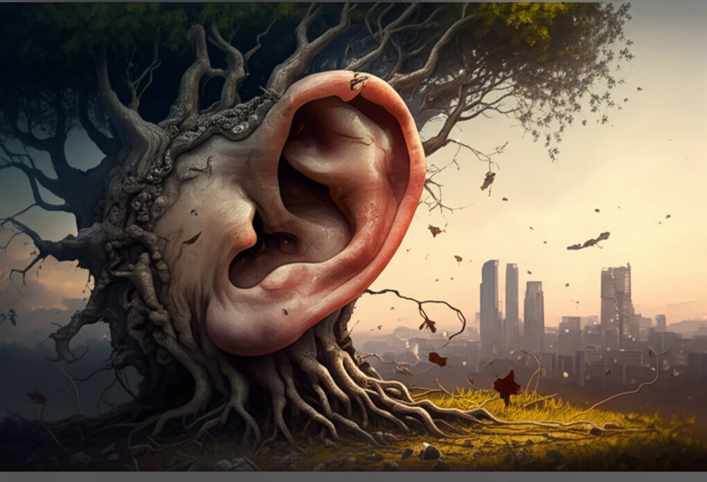 An ear transforming into a tree symbolizes the connection between hearing, family, and life.