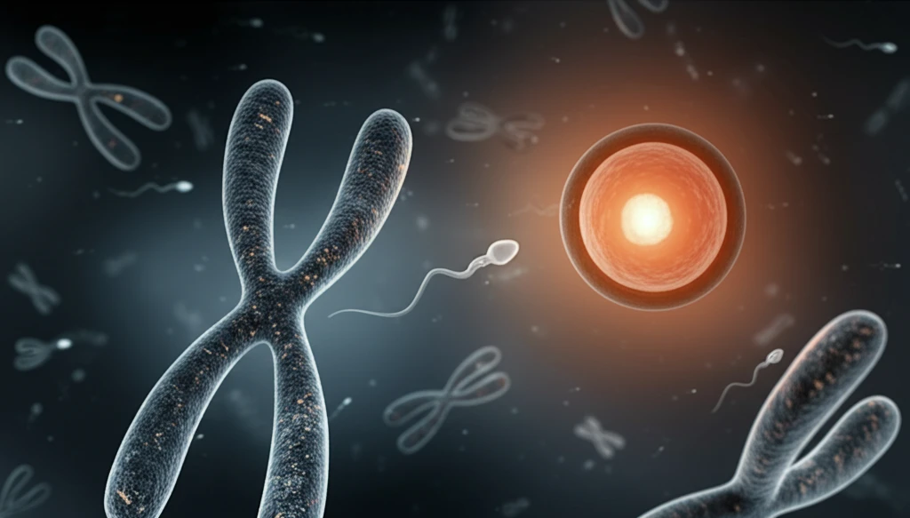 Chromosomes intertwining with a sperm cell approaching an egg