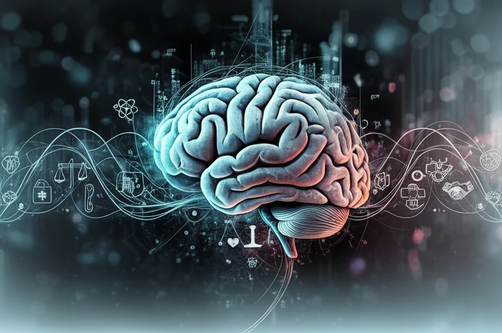 A human brain intertwined with ethical symbols, representing the integration of medical science and morality in mental health.