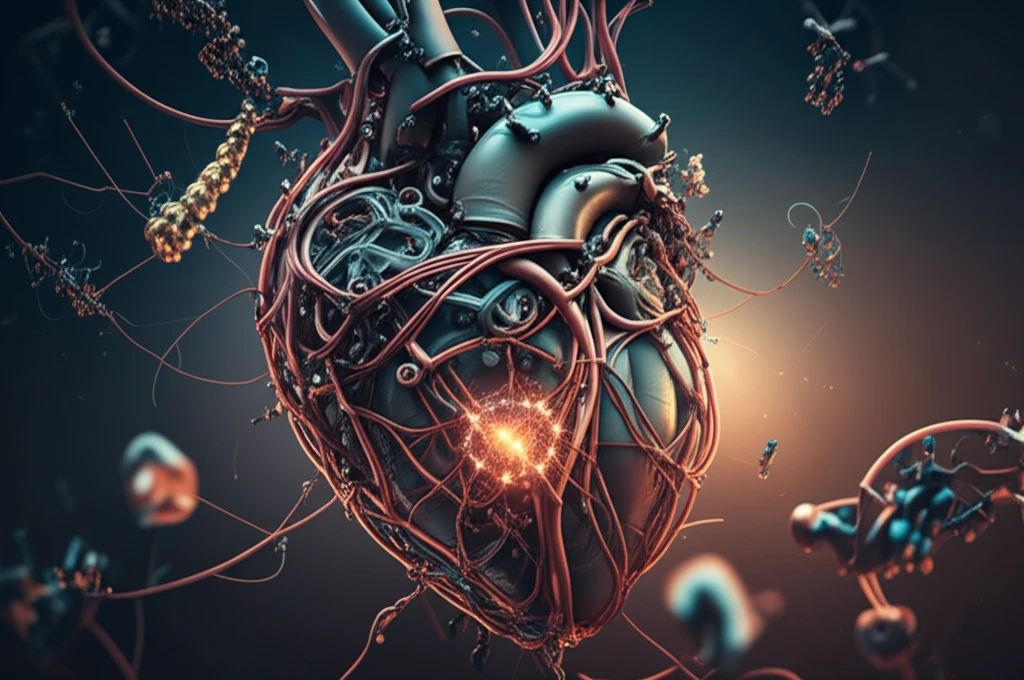 Surreal illustration of molecular heart with myosin motors, symbolizing genetic mutations and therapeutic solutions.