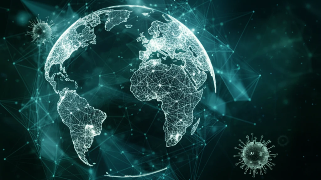 Global map showing interconnected regions with disease spread patterns.