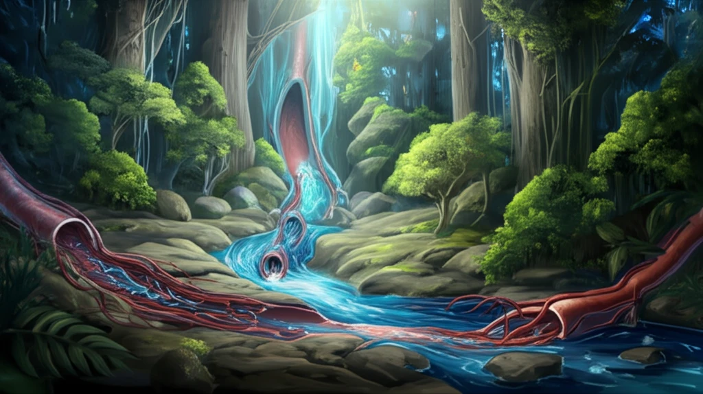Surreal illustration comparing healthy and diseased carotid arteries.