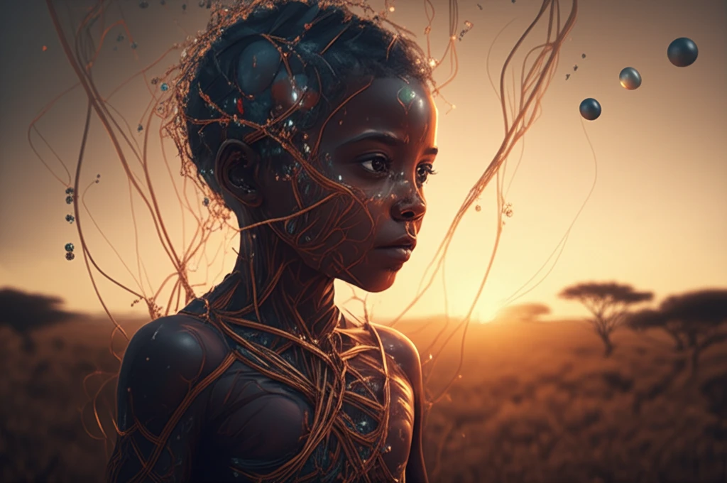 Child's silhouette filled with glowing micronutrients against African savanna sunset.