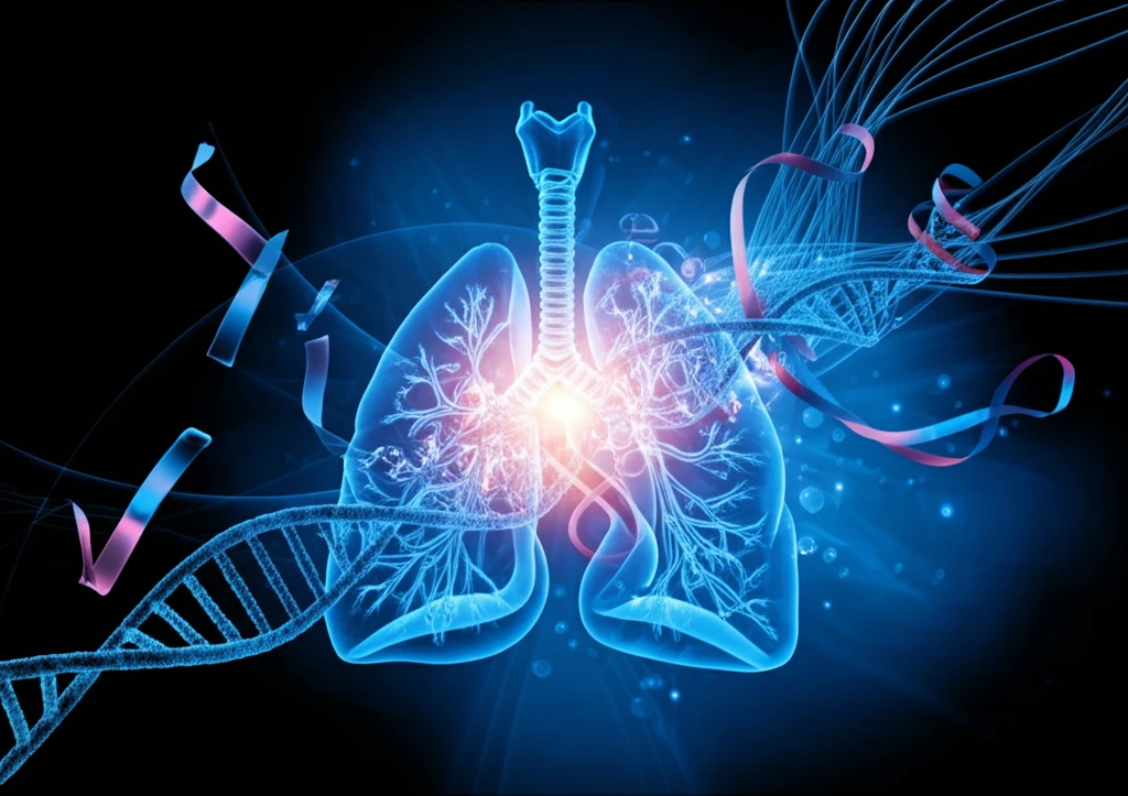 Digital illustration of a lung intertwined with glowing DNA strands, representing EGFR mutations and lung cancer treatment.