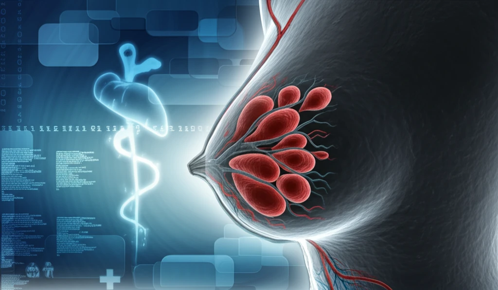 Surreal illustration of breast tissue with subtle gastric cancer cells.