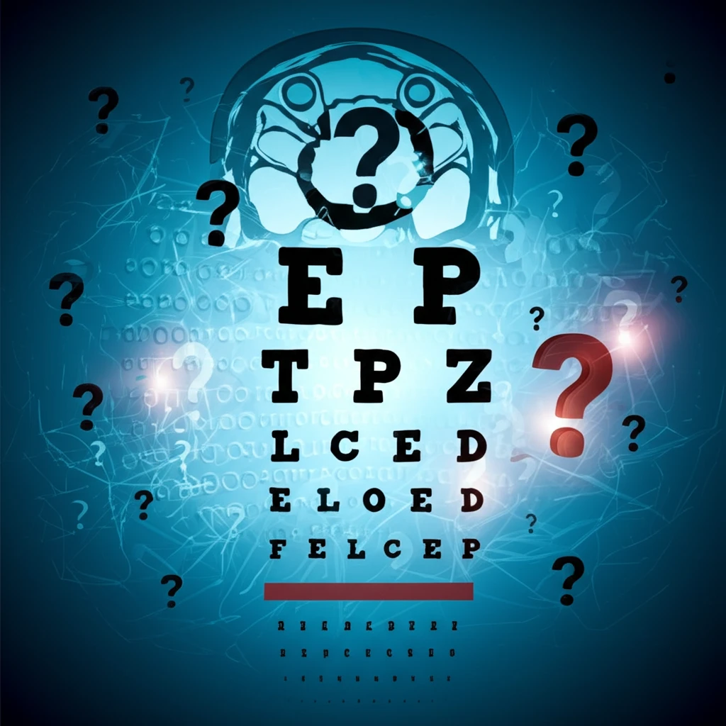 Interconnected eye chart, MRI scan, and question marks symbolizing the complexity of ONSM diagnosis.
