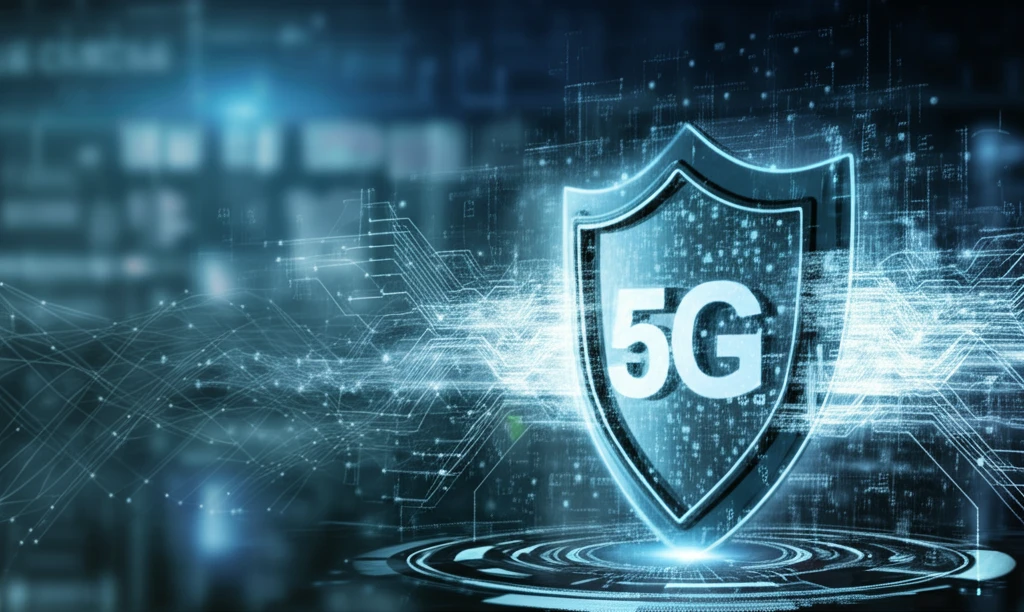 Futuristic 5G network protected by a glowing shield, symbolizing advanced cybersecurity measures.