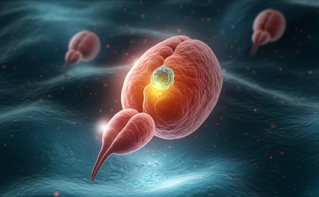 Microscopic view of prostate cancer cells halted by a glowing enzyme inhibitor.