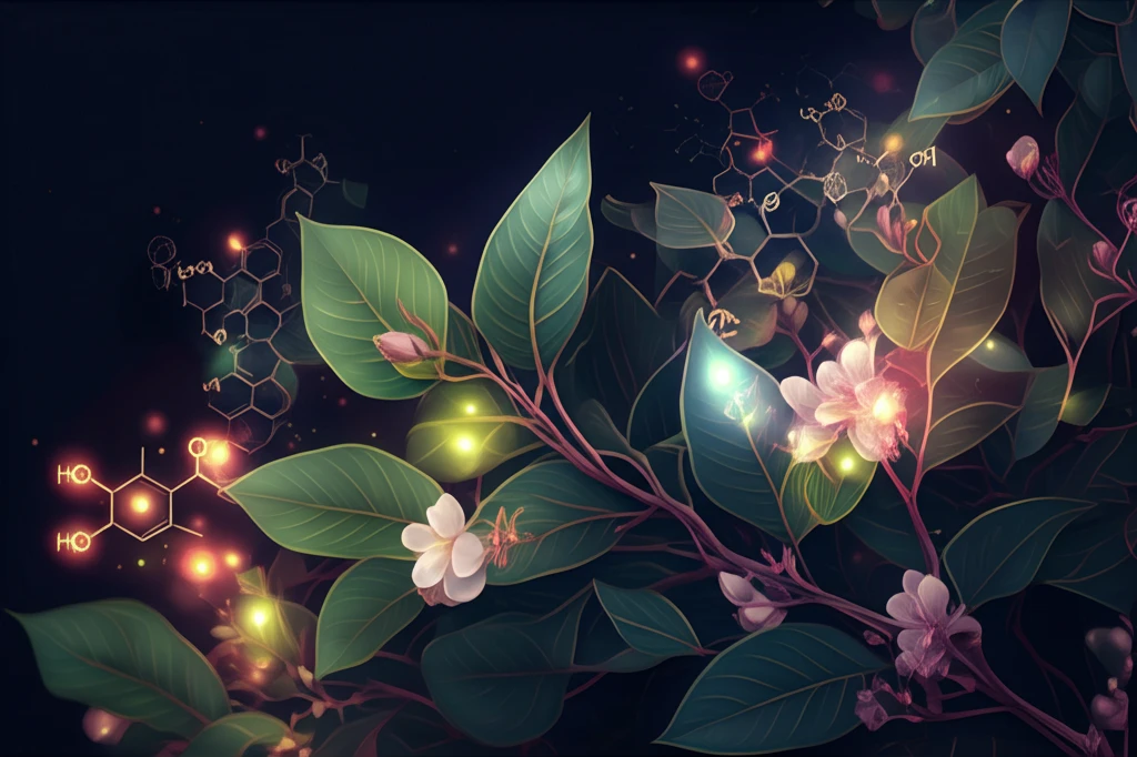Murraya paniculata leaves with glowing flavonoid molecules