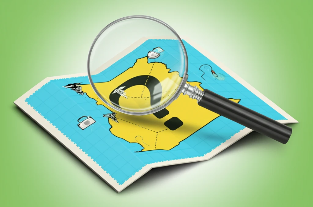 Ghana health insurance map with medical symbols and question mark.