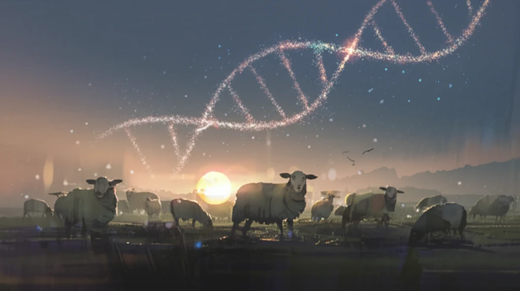 Sheep grazing in a field with DNA helix overlay, symbolizing progress in Johne's disease detection.