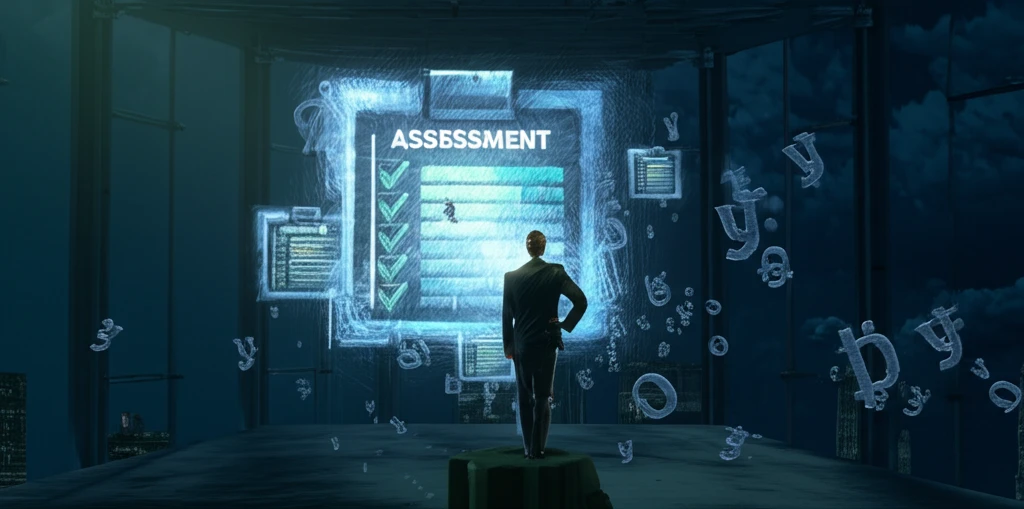 Teacher with glowing assessment rubric surrounded by language symbols