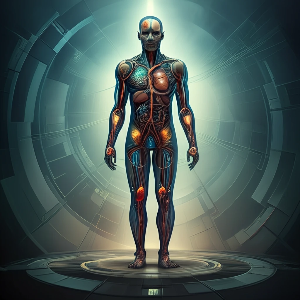 Surreal illustration of human silhouette with glowing internal network, representing blood vessels and organs within a CT scanner outline.
