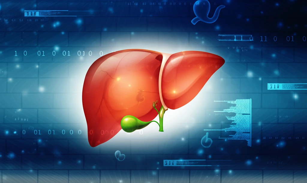 Glowing, healthy liver with enzymatic symbols
