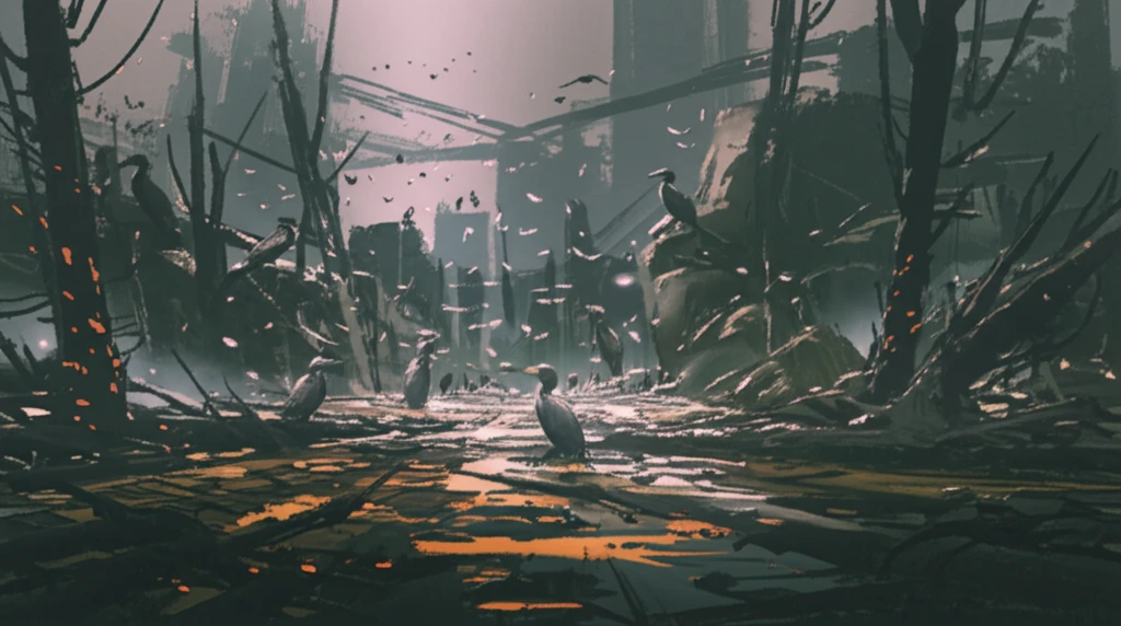 Surreal illustration of a cormorant colony's environmental impact.
