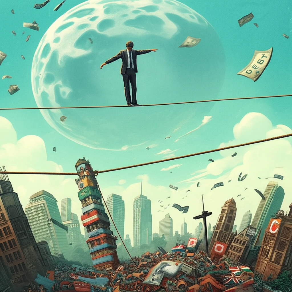 Tightrope walker balancing debt and growth.