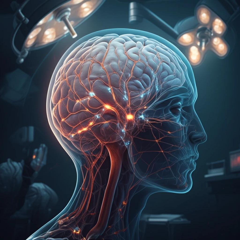 Glowing network of nerves in the brain connected to a small arterial trunk.