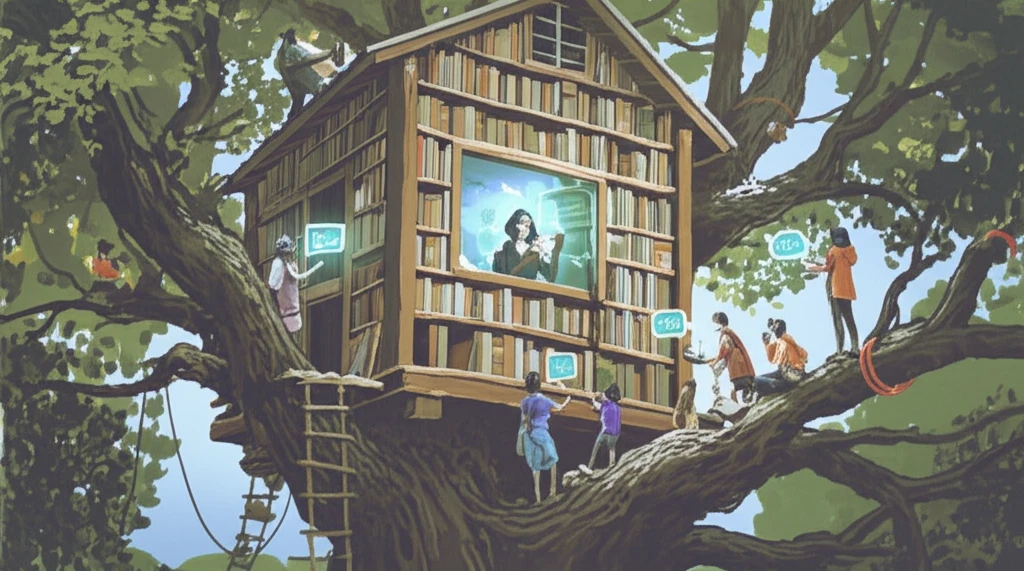 Health librarian tweeting from a book treehouse.