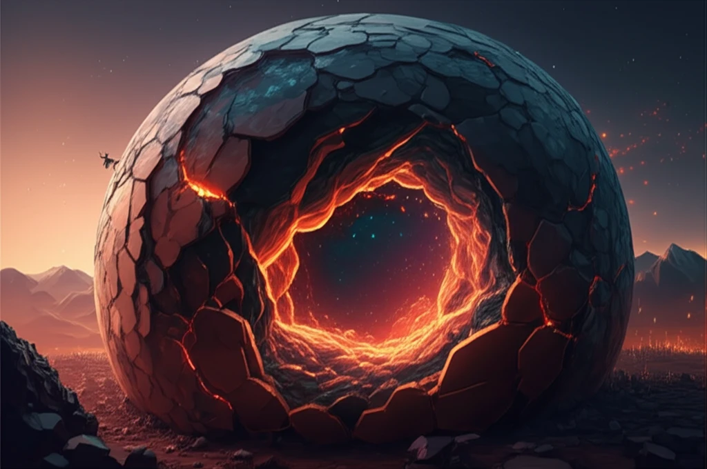 Surreal geode revealing magma mixing within a mountain range.