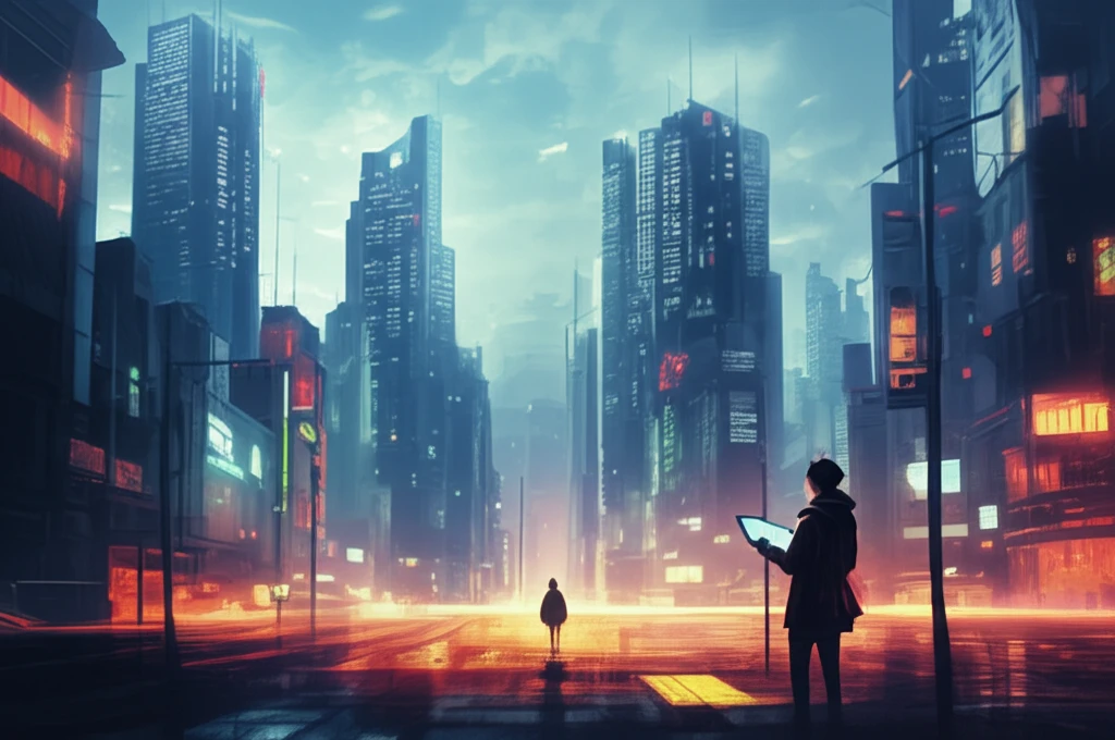 Futuristic cityscape with flexible, glowing buildings and a person using a bendable tablet, representing the transformative potential of flexible technology.