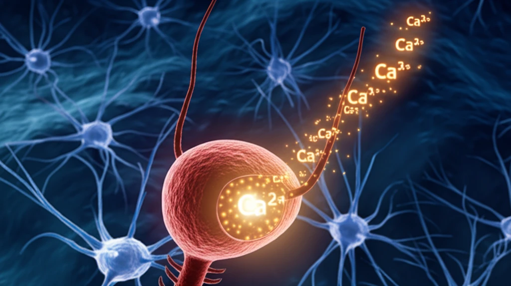 Surreal illustration of bladder cancer cell with glowing Ca2+ ions.