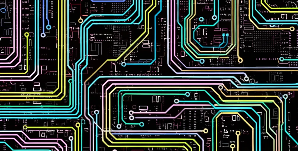 Surreal illustration of balanced microstrip lines with signal waves.