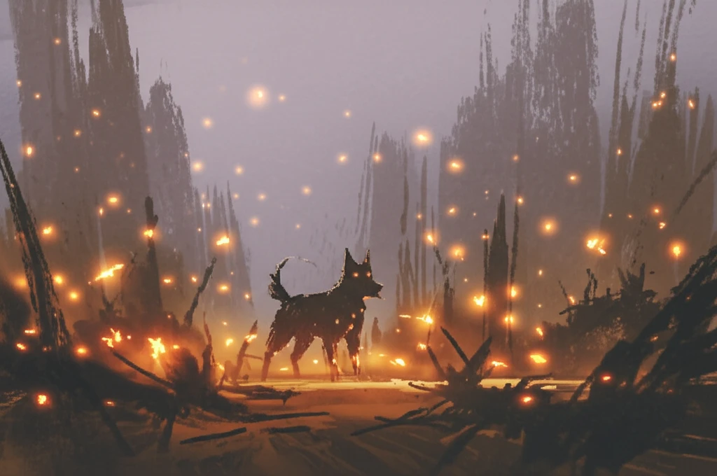 Surreal image of a dog surrounded by glowing sandflies, symbolizing the hidden danger of Leishmania.