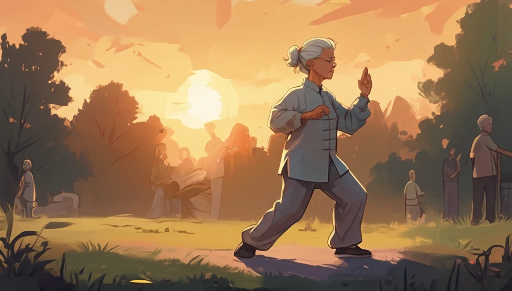 Elderly woman practicing Tai Chi in a park at sunset