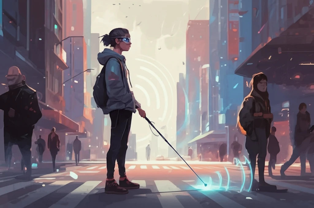 Visually impaired person using a smart blind stick with ultrasonic sensors in a modern city.