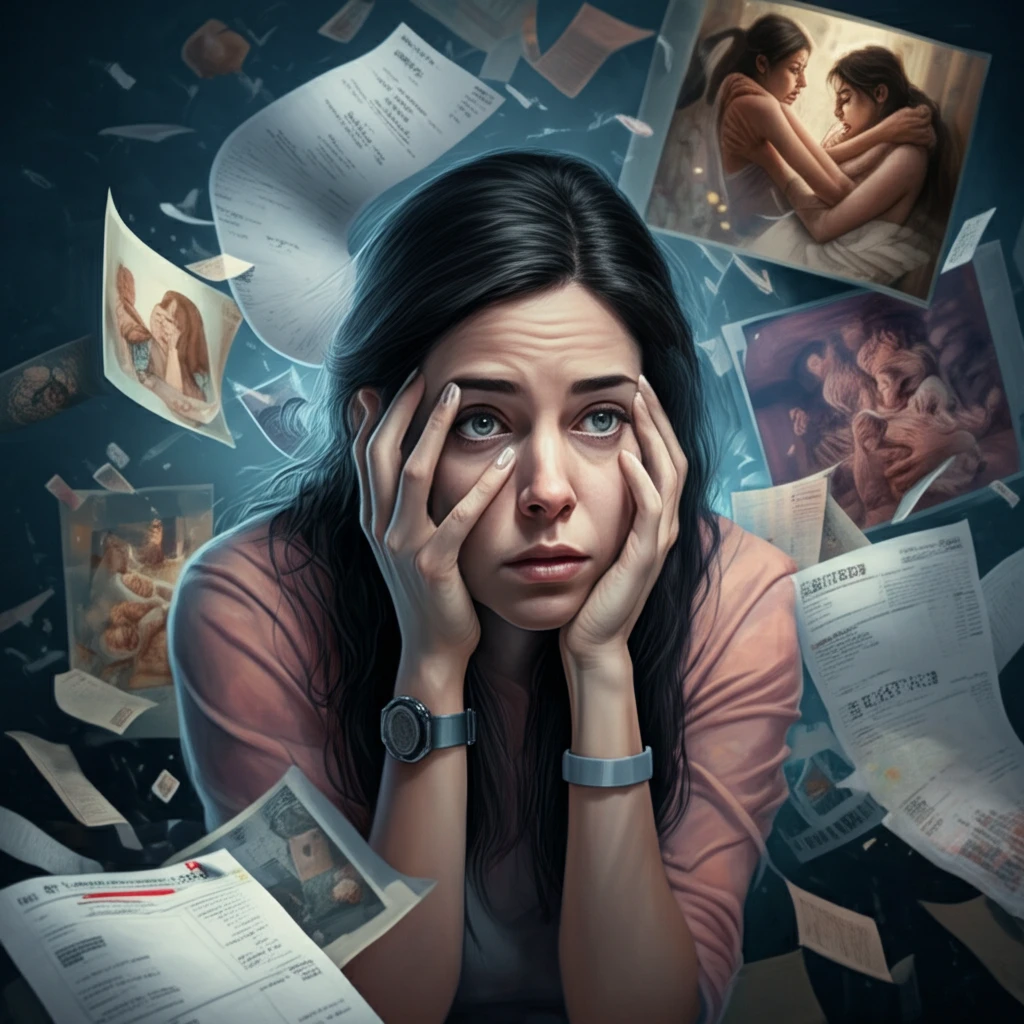 Surreal illustration of a overwhelmed mother with hospital bills.