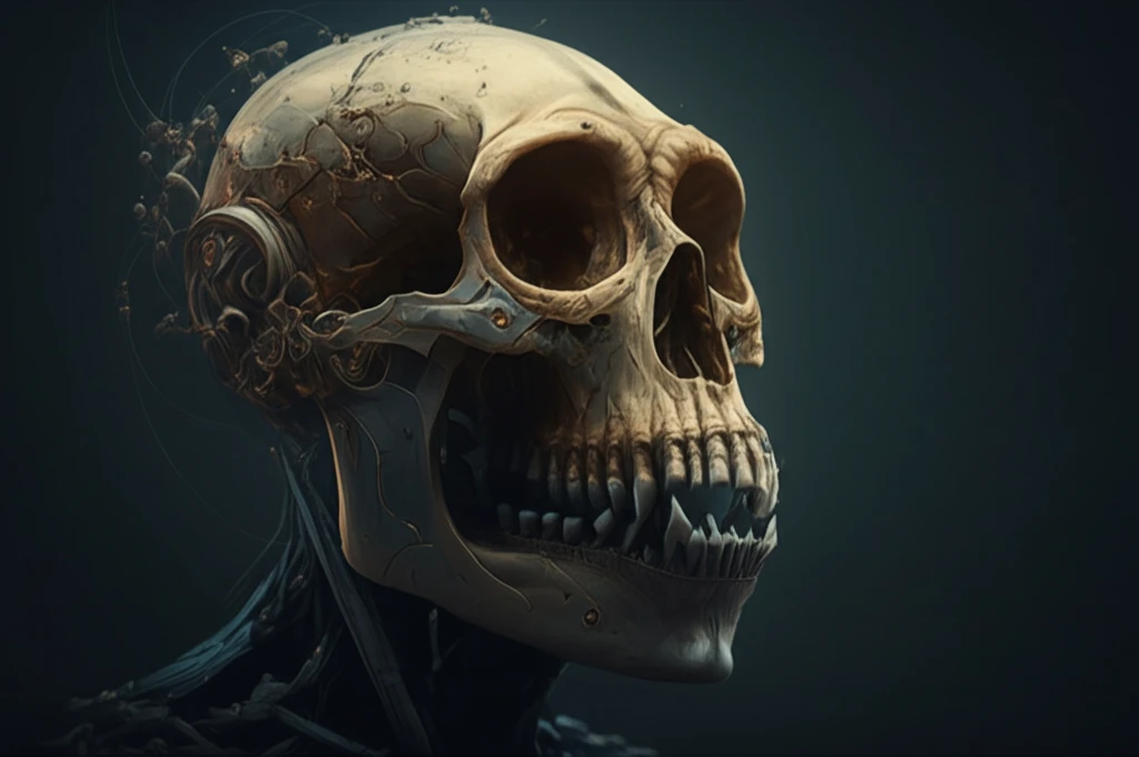 A monkey skull transforming into a human skull, highlighting shared dental features.