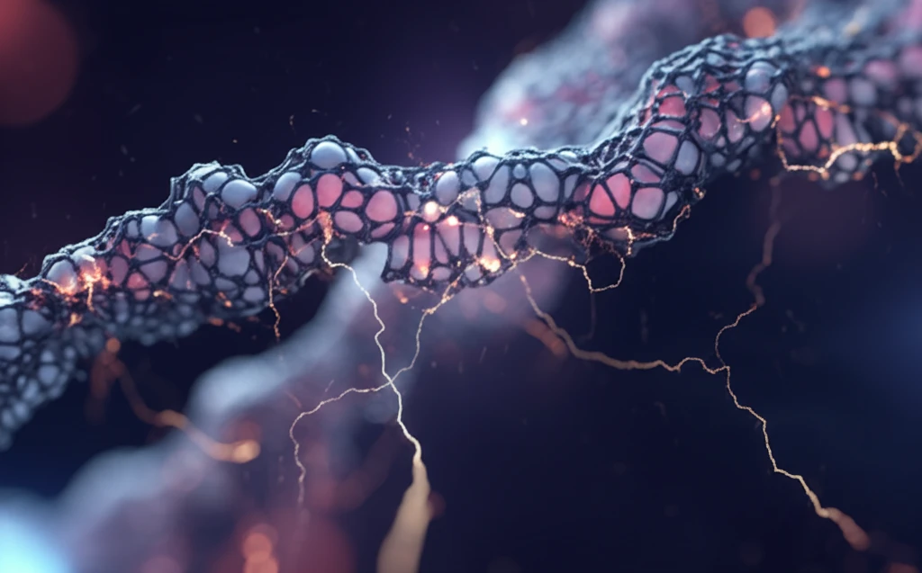 Interconnected polymer chains forming a flexible membrane with electrical sparks.