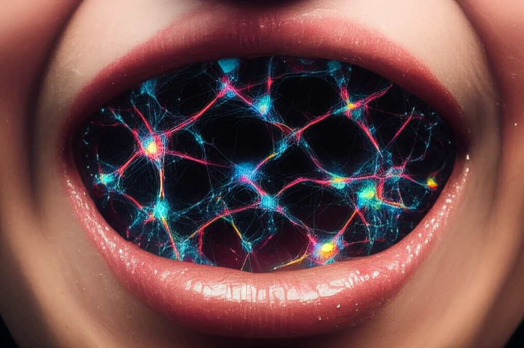 Glowing biomarkers in a digital illustration of a human mouth, symbolizing early detection of oral cancer.